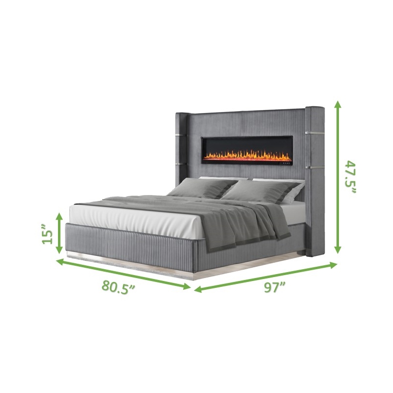 Pemberly Row Upholstery Wooden King Bed w/ Ambient lighting-Gray Velvet Finish