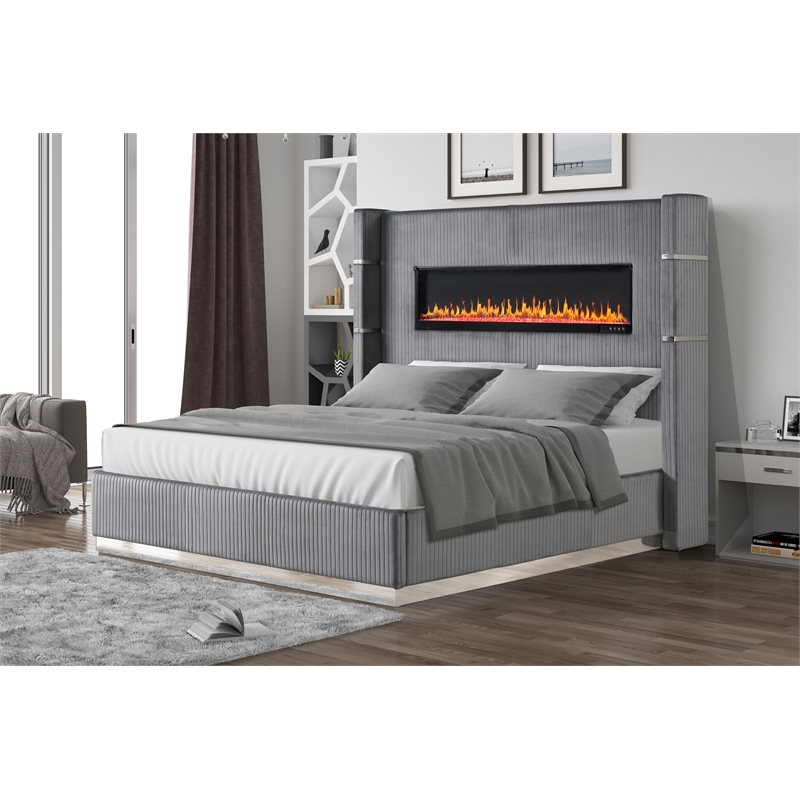 Pemberly Row Upholstery Wooden King Bed w/ Ambient lighting-Gray Velvet Finish