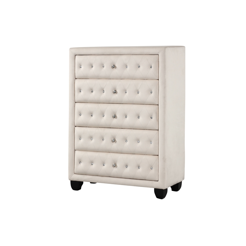 Pemberly Row Queen 5 Pc Tufted Upholstery Vanity Bedroom Set Made w/ Wood-Cream
