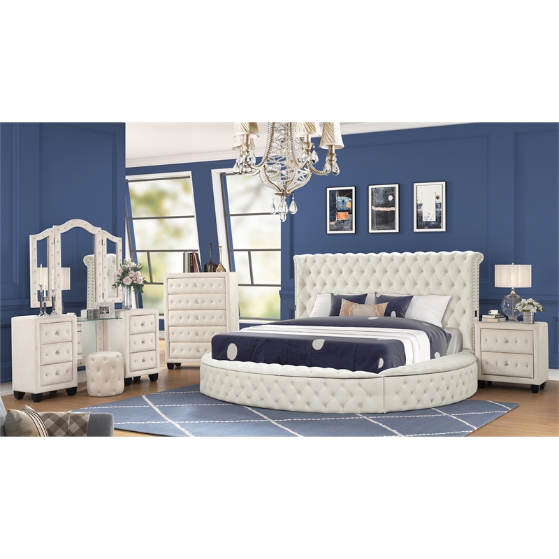 Pemberly Row Queen 5 Pc Tufted Upholstery Vanity Bedroom Set Made w/ Wood-Cream
