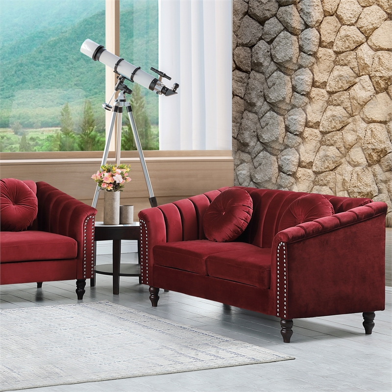 Pemberly Row 3 Pcs Red Microfiber Living Room Set Modern Velvet Sofa Set pillow