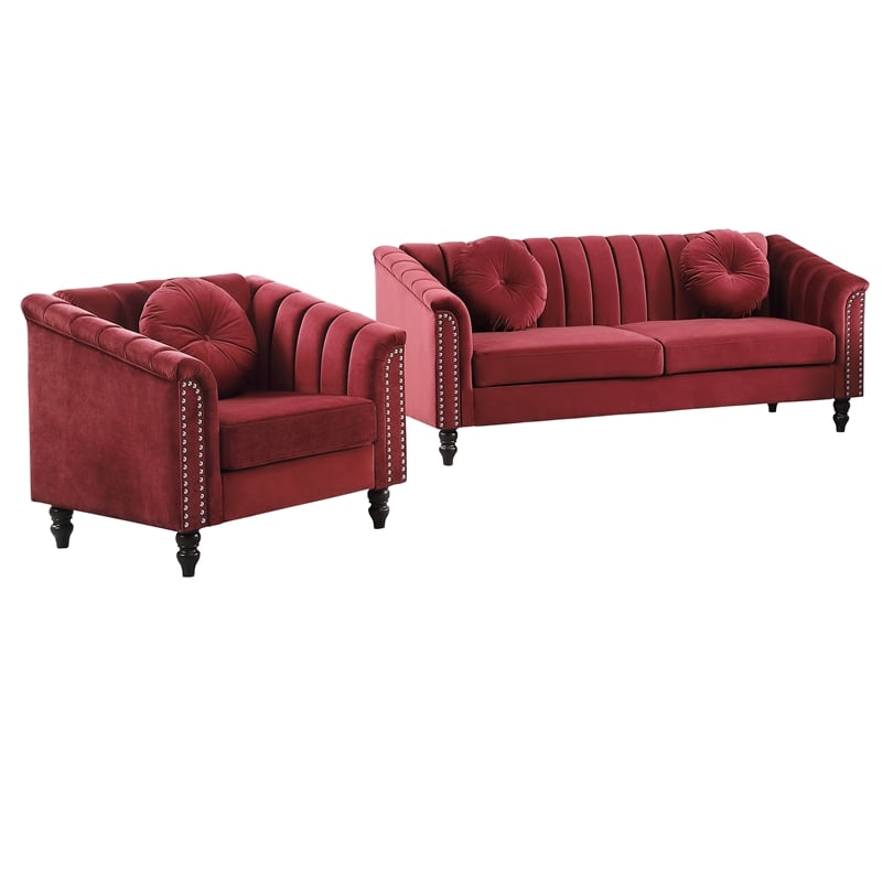 Pemberly Row 3 Pcs Red Microfiber Living Room Set Modern Velvet Sofa Set pillow