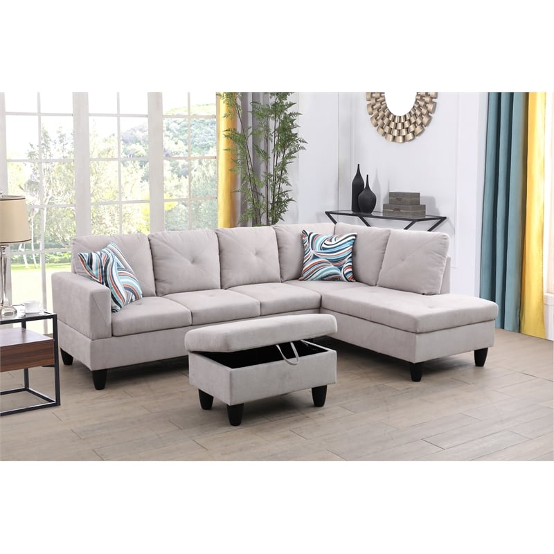 Pemberly Row L Shaped Gray Couch w/ Storage Ottoman(Pillows Included) Microfiber