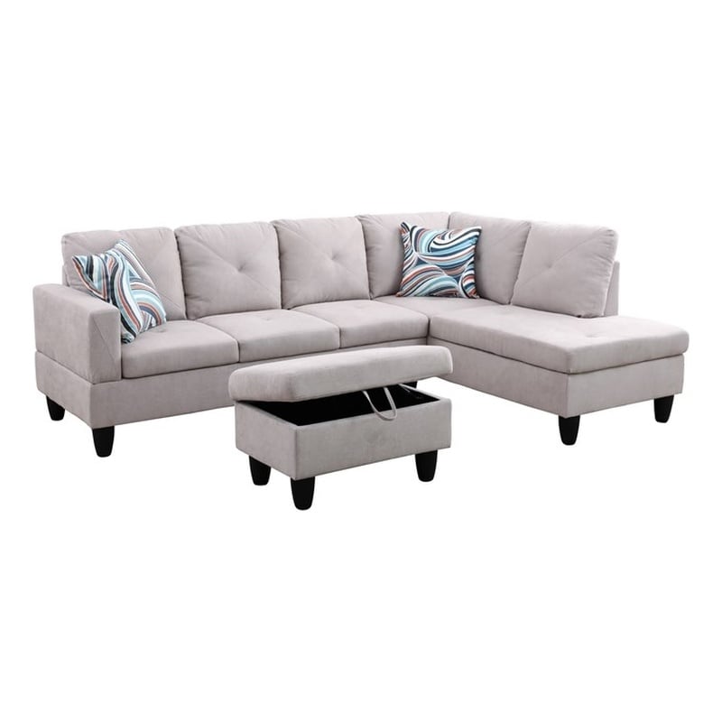 Pemberly Row L Shaped Gray Couch w/ Storage Ottoman(Pillows Included) Microfiber