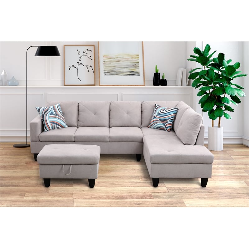 Pemberly Row L Shaped Gray Couch w/ Storage Ottoman(Pillows Included) Microfiber