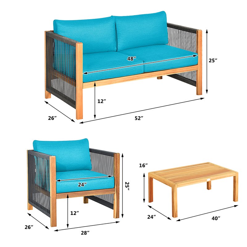 Pemberly Row 4-piece Wood & Sponge Patio Furniture Set w/ Armrest in Turquoise