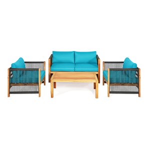 Pemberly Row 4-piece Wood & Sponge Patio Furniture Set w/ Armrest in Turquoise