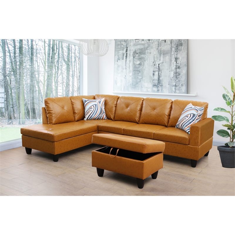 Pemberly Row L Shaped Ginger Couch with Ottoman(Pillows Included) Microfiber