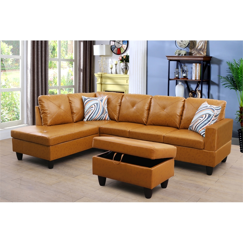 Pemberly Row L Shaped Ginger Couch with Ottoman(Pillows Included) Microfiber