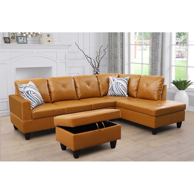 Pemberly Row L Shaped Ginger Couch with Ottoman(Pillows Included) Microfiber