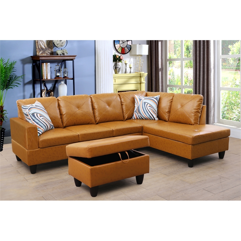 Pemberly Row L Shaped Ginger Couch with Ottoman(Pillows Included) Microfiber
