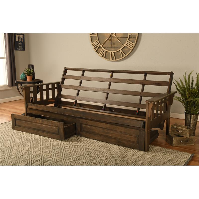 Pemberly Row Rustic Walnut Brown Queen Wood Futon Frame with Storage Drawers
