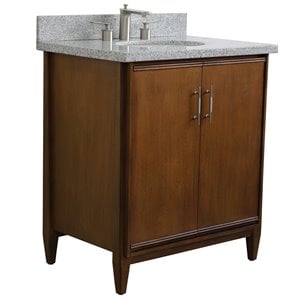 Pemberly Row Single Oval Sink Solid Wood Vanity in Walnut/Gray Granite Stone