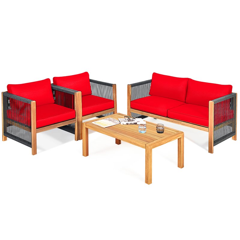 Pemberly Row 4-piece Acacia Wood Patio Conversation Set with Cushions in Red