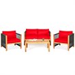 Pemberly Row 4-piece Acacia Wood Patio Conversation Set with Cushions in Red