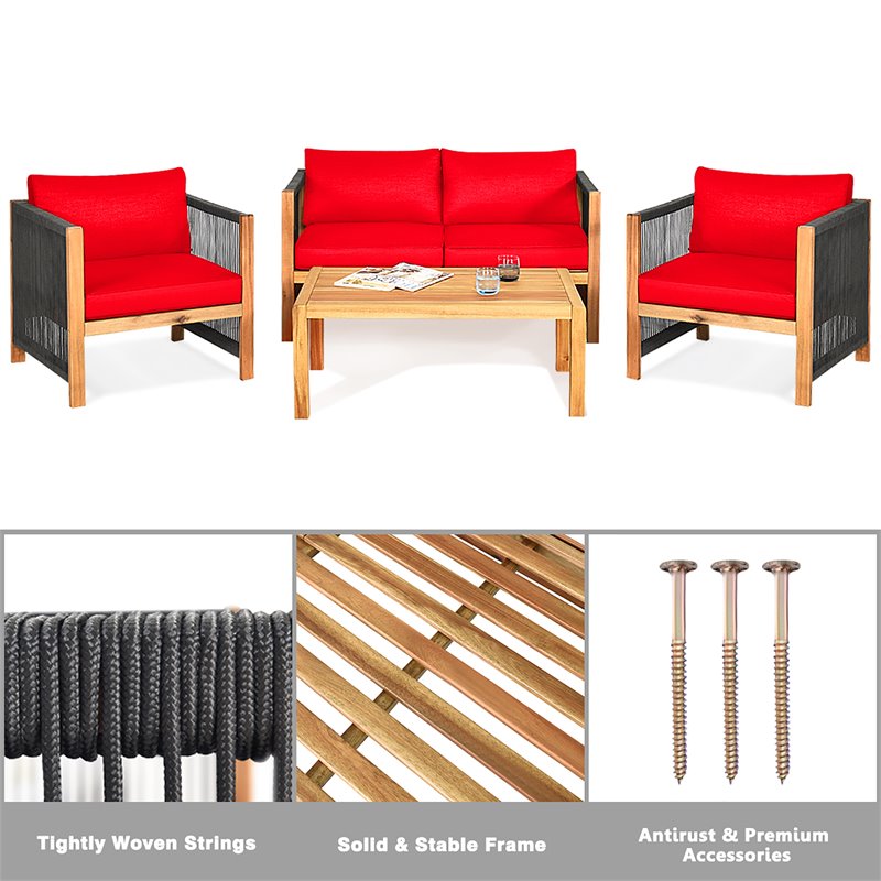 Pemberly Row 4-piece Acacia Wood Patio Conversation Set with Cushions in Red