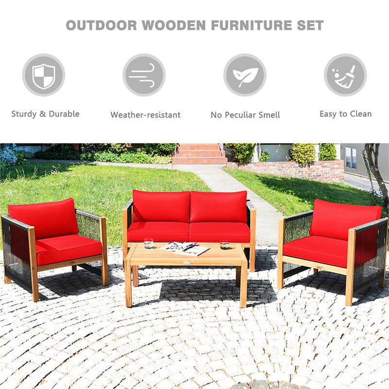 Pemberly Row 4-piece Acacia Wood Patio Conversation Set with Cushions in Red