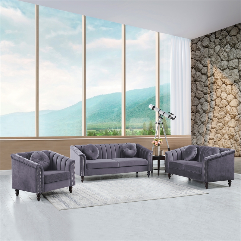 Pemberly Row 3 Pcs Gray Microfiber Living Room Set Modern Velvet Sofa Set pillow