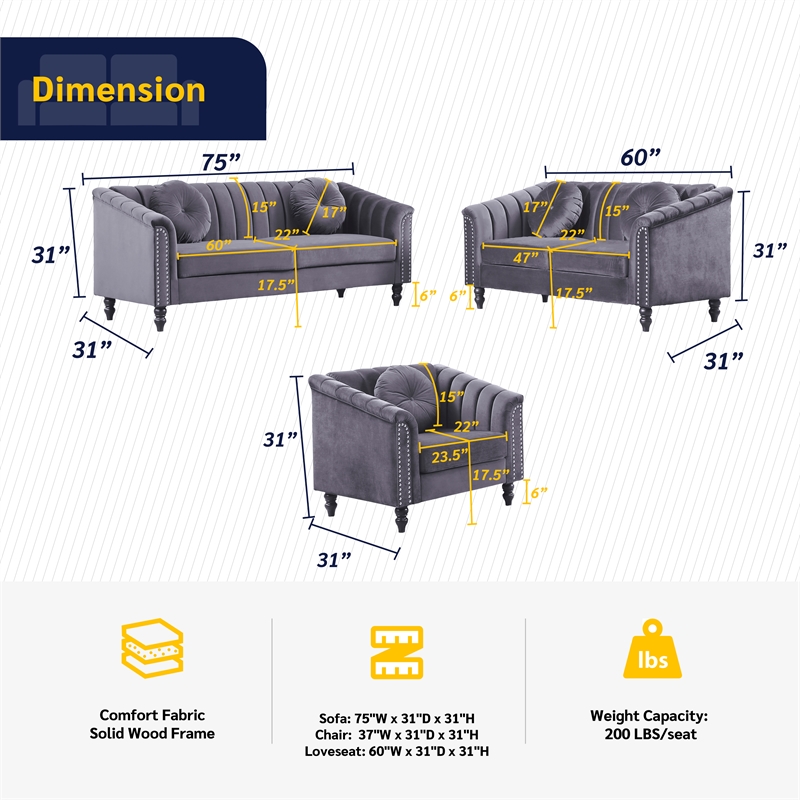 Pemberly Row 3 Pcs Gray Microfiber Living Room Set Modern Velvet Sofa Set pillow