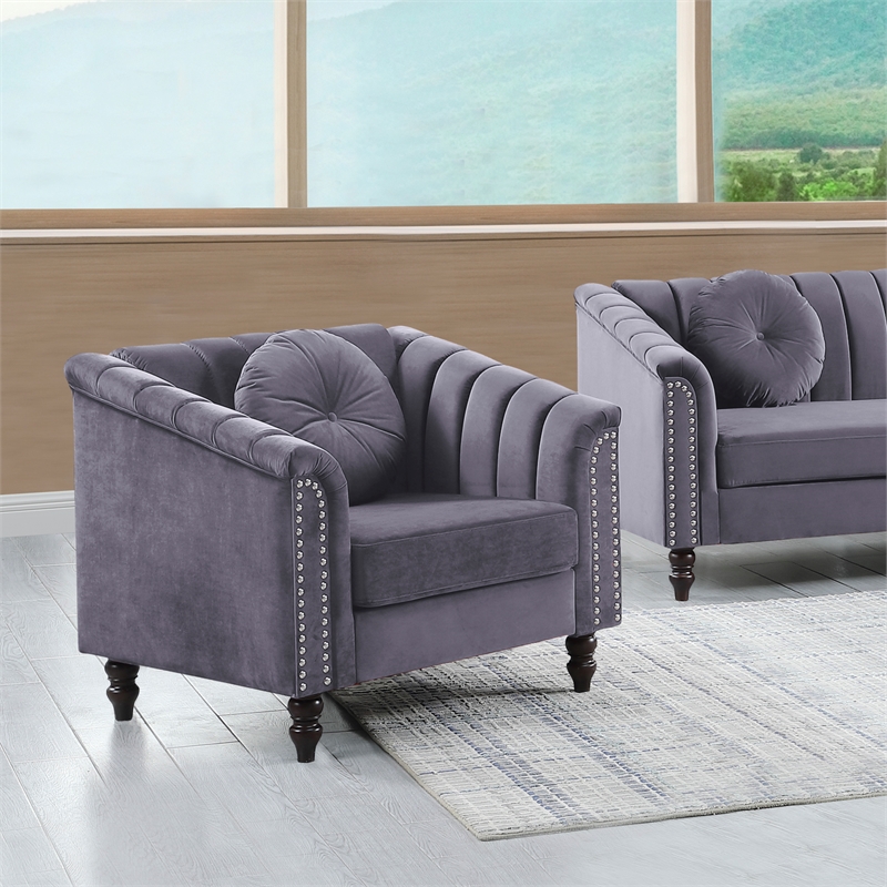 Pemberly Row 3 Pcs Gray Microfiber Living Room Set Modern Velvet Sofa Set pillow
