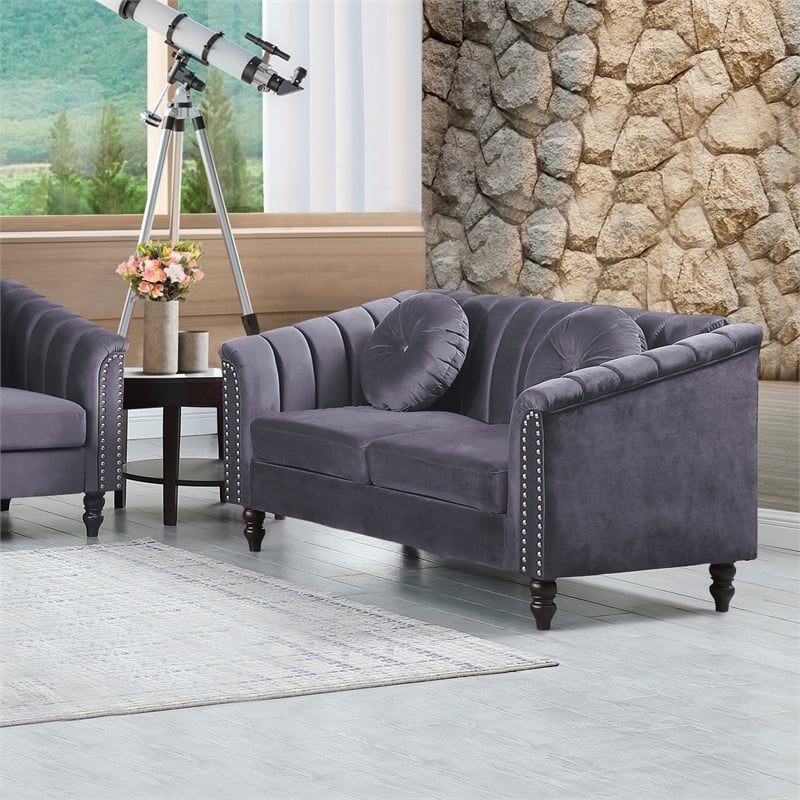 Pemberly Row 3 Pcs Gray Microfiber Living Room Set Modern Velvet Sofa Set pillow