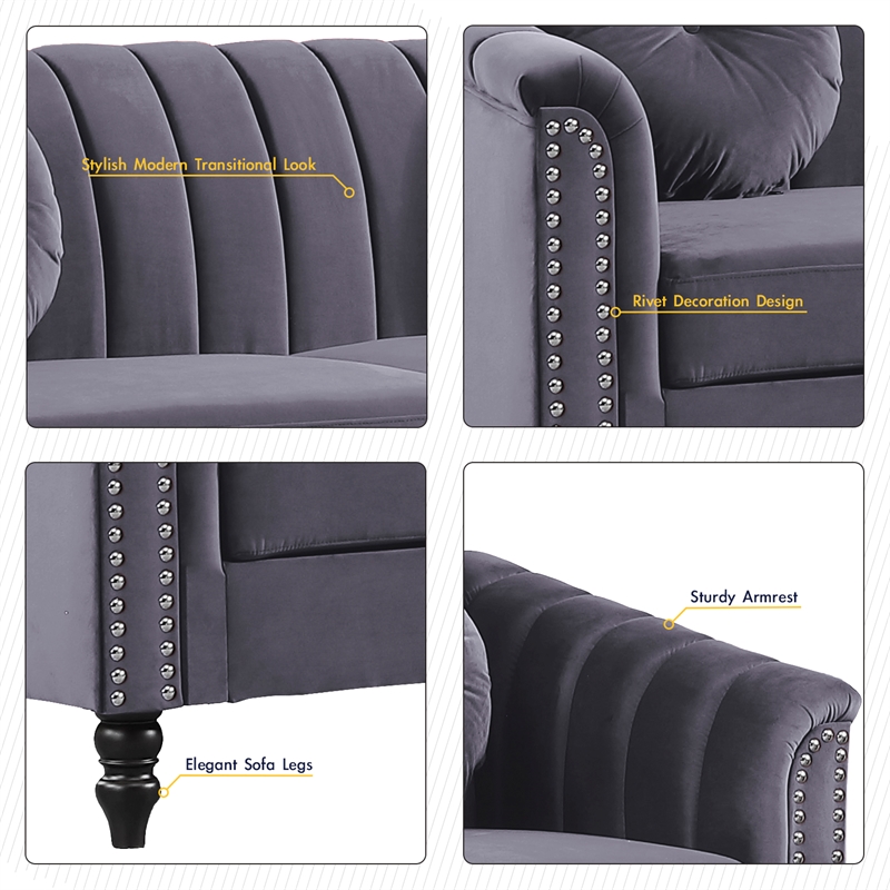 Pemberly Row 3 Pcs Gray Microfiber Living Room Set Modern Velvet Sofa Set pillow