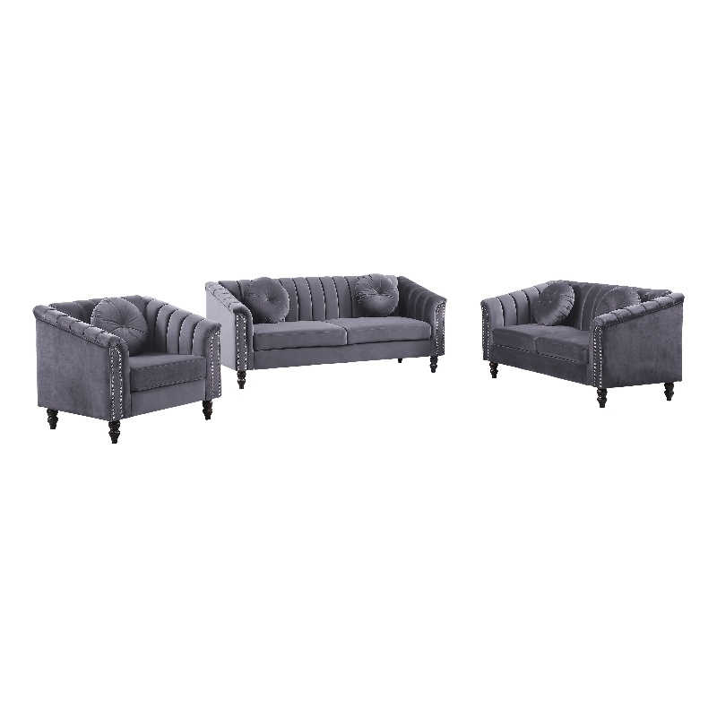 Pemberly Row 3 Pcs Gray Microfiber Living Room Set Modern Velvet Sofa Set pillow