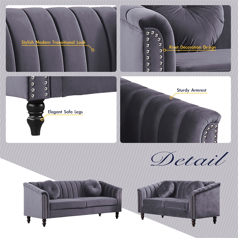 Pemberly Row 2 Pcs Gray Microfiber Living Room Set Modern Velvet Sofa Set pillow