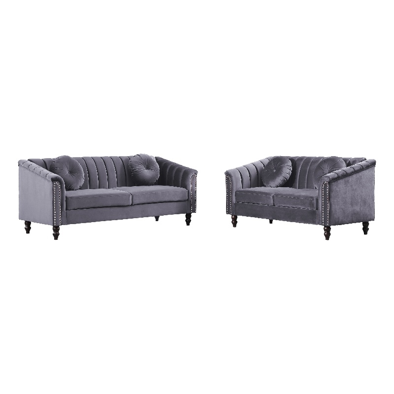Pemberly Row 2 Pcs Gray Microfiber Living Room Set Modern Velvet Sofa Set pillow