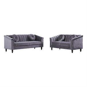 Pemberly Row 2 Pcs Gray Microfiber Living Room Set Modern Velvet Sofa Set pillow