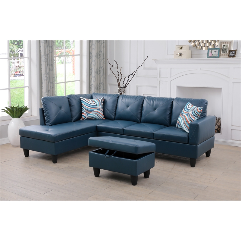 Pemberly Row L Shaped Denim Couch w/ Storage Ottoman(Pillows Included)
