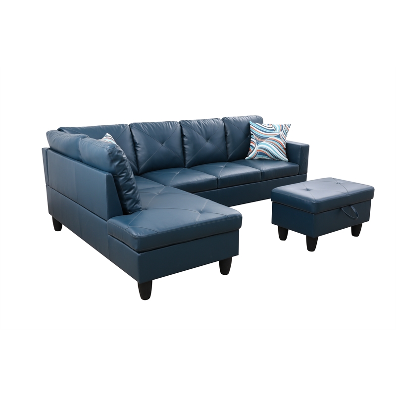 Pemberly Row L Shaped Denim Couch w/ Storage Ottoman(Pillows Included)