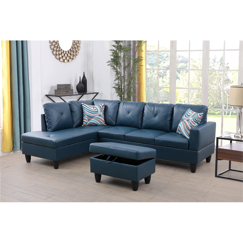 Pemberly Row L Shaped Denim Couch w/ Storage Ottoman(Pillows Included)