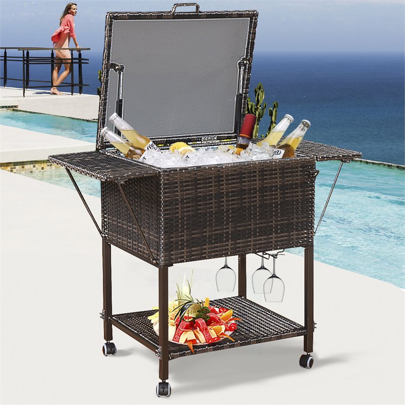 Pemberly Row Rattan Portable Outdoor Patio Cooler Cart with Shelf in Mix Brown