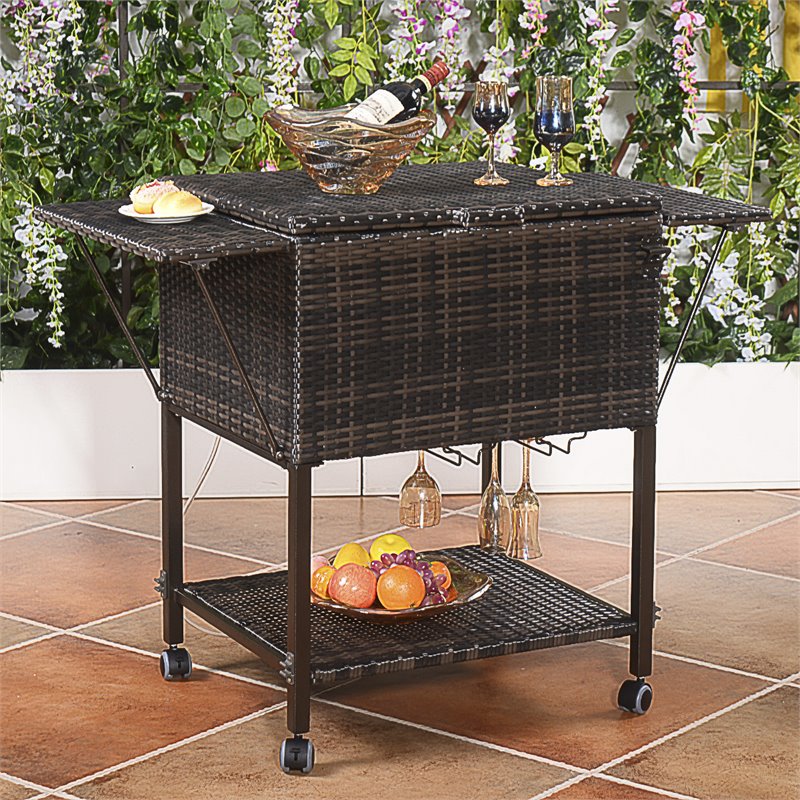 Pemberly Row Rattan Portable Outdoor Patio Cooler Cart with Shelf in Mix Brown