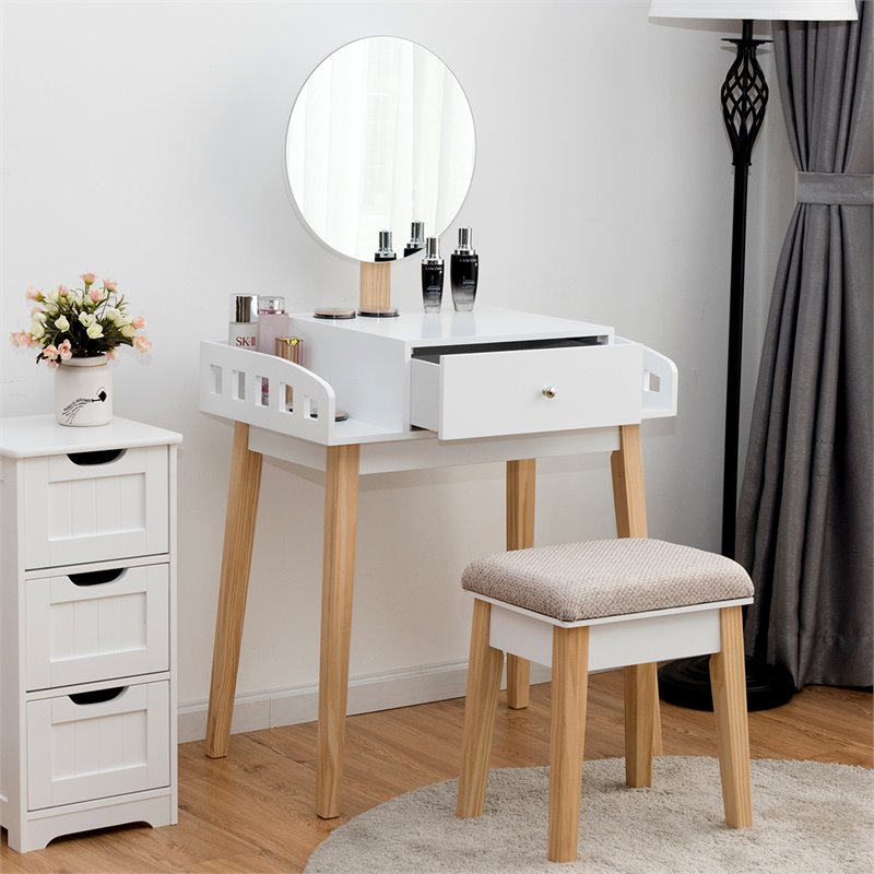 Pemberly Row MDF Vanity Makeup Dressing Set with Round Mirror in White/Natural