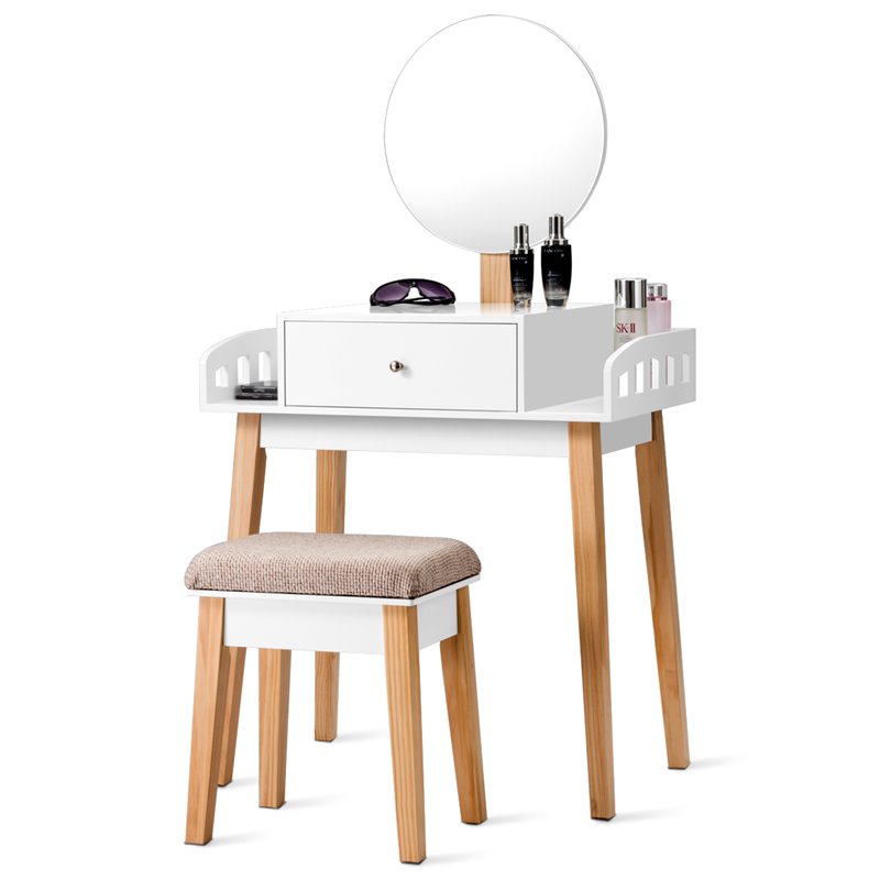 Pemberly Row MDF Vanity Makeup Dressing Set with Round Mirror in White/Natural