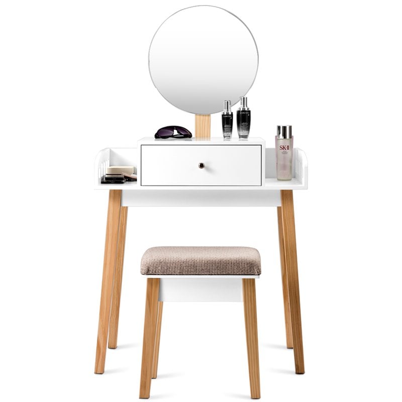 Pemberly Row MDF Vanity Makeup Dressing Set with Round Mirror in White/Natural