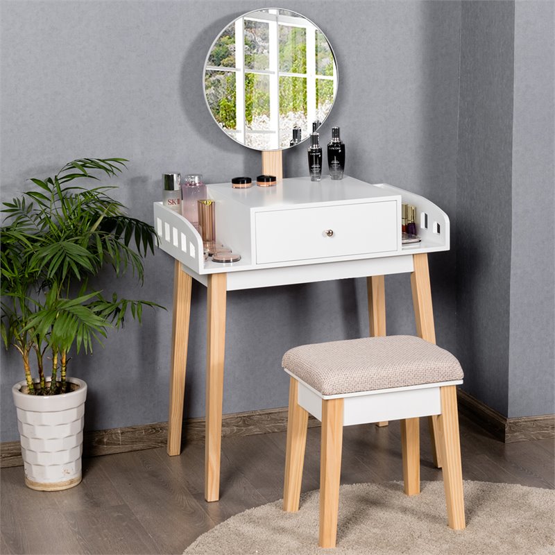 Pemberly Row MDF Vanity Makeup Dressing Set with Round Mirror in White/Natural