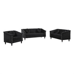 Pemberly Row 3 Pcs Black Living Room Set Modern Velvet Sofa Set pillow