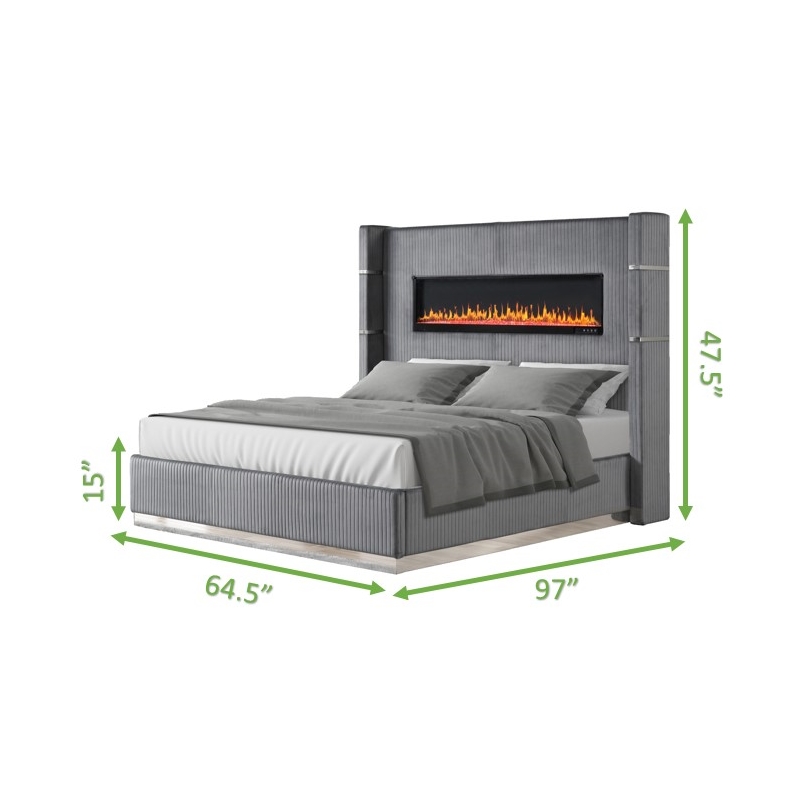 Pemberly Row Upholstery Wooden Queen Bed w/ Ambient lighting-Gray Velvet Finish