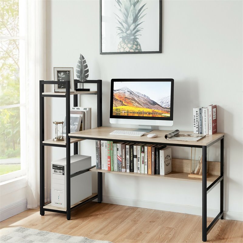 Pemberly Row Wood Multifunction Computer Desk w/ 4-tier Storage shelves-Natural