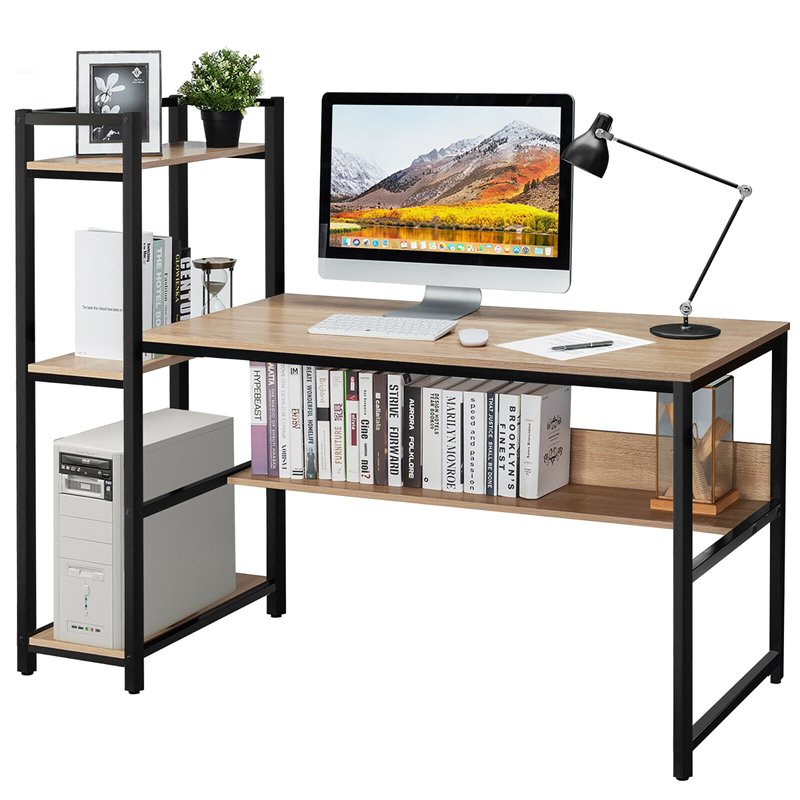 Pemberly Row Wood Multifunction Computer Desk w/ 4-tier Storage shelves-Natural