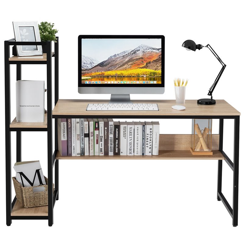 Pemberly Row Wood Multifunction Computer Desk w/ 4-tier Storage shelves-Natural
