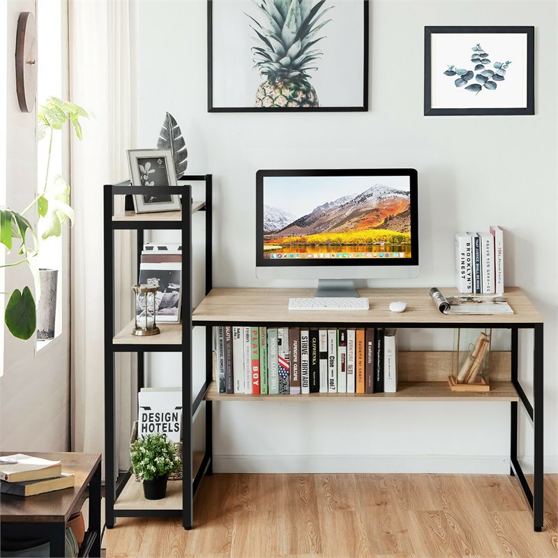 Pemberly Row Wood Multifunction Computer Desk w/ 4-tier Storage shelves-Natural