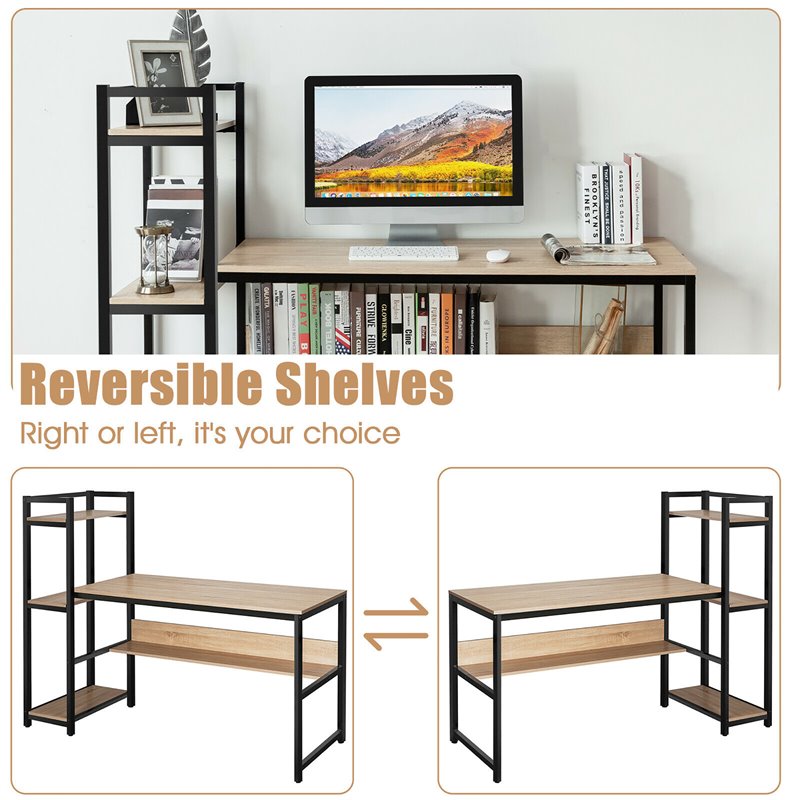 Pemberly Row Wood Multifunction Computer Desk w/ 4-tier Storage shelves-Natural