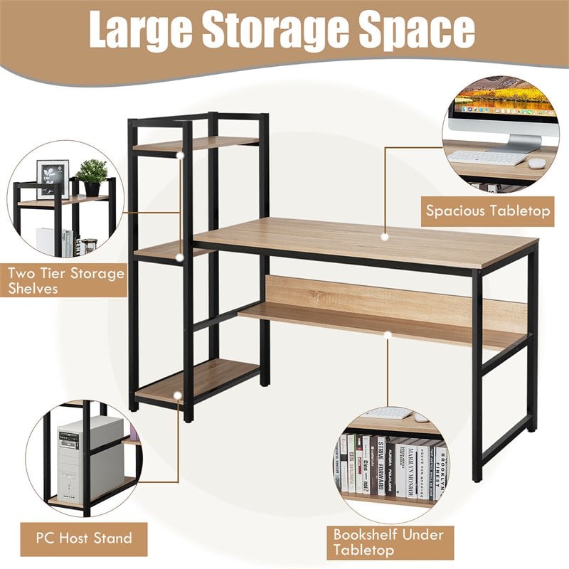 Pemberly Row Wood Multifunction Computer Desk w/ 4-tier Storage shelves-Natural