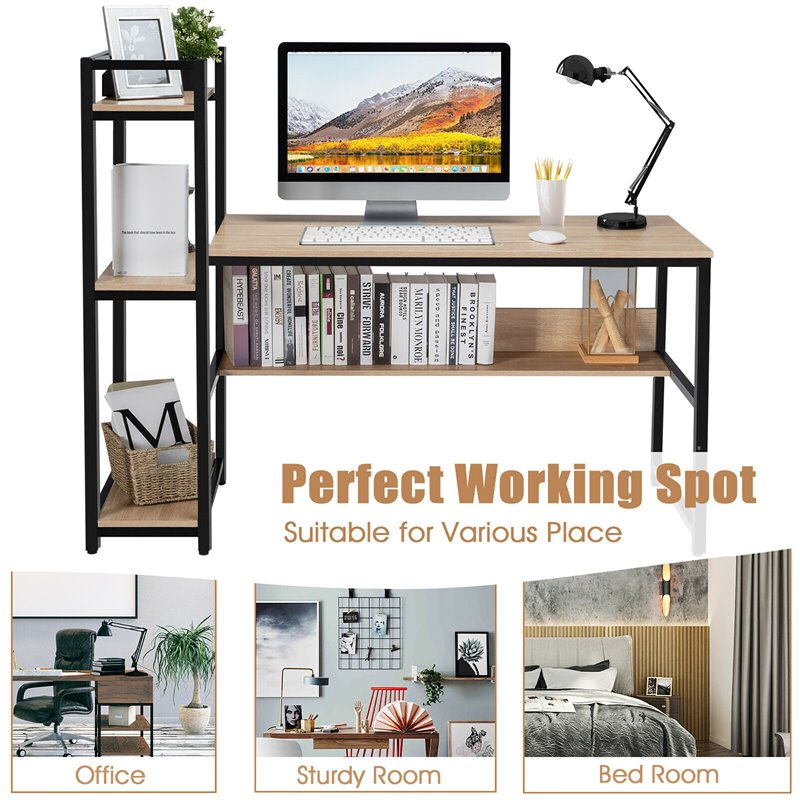 Pemberly Row Wood Multifunction Computer Desk w/ 4-tier Storage shelves-Natural