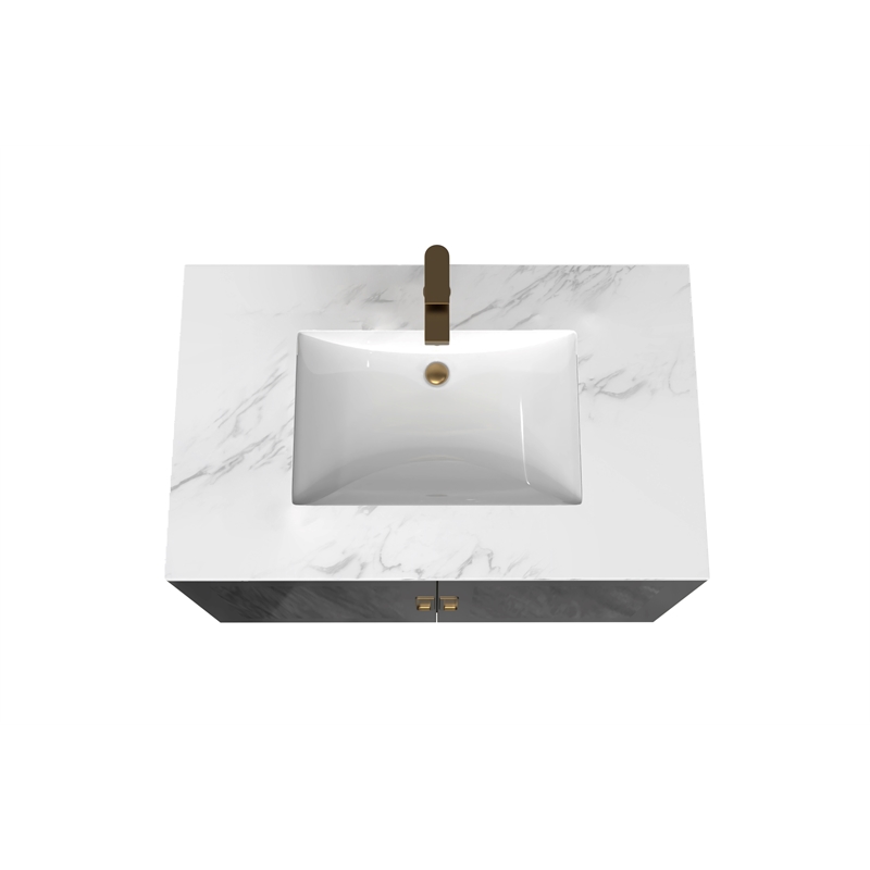 Pemberly Row Wall Mounted Blue Vanity Set w/ White Porcelain Top-Gold Handles