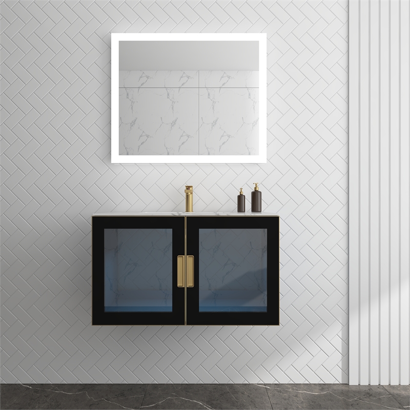 Pemberly Row Wall Mounted Blue Vanity Set w/ White Porcelain Top-Gold Handles